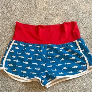 Pelagic Women's Blue Shark-Print Athletic Shorts with Red Waistband